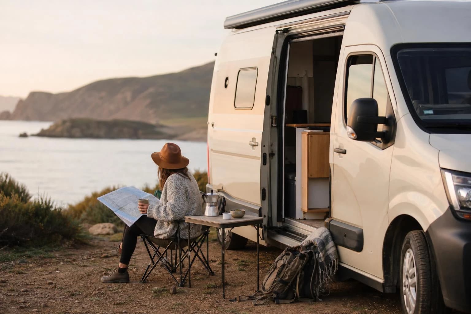 Intérieur organisé d’un van aménagé avant un road trip